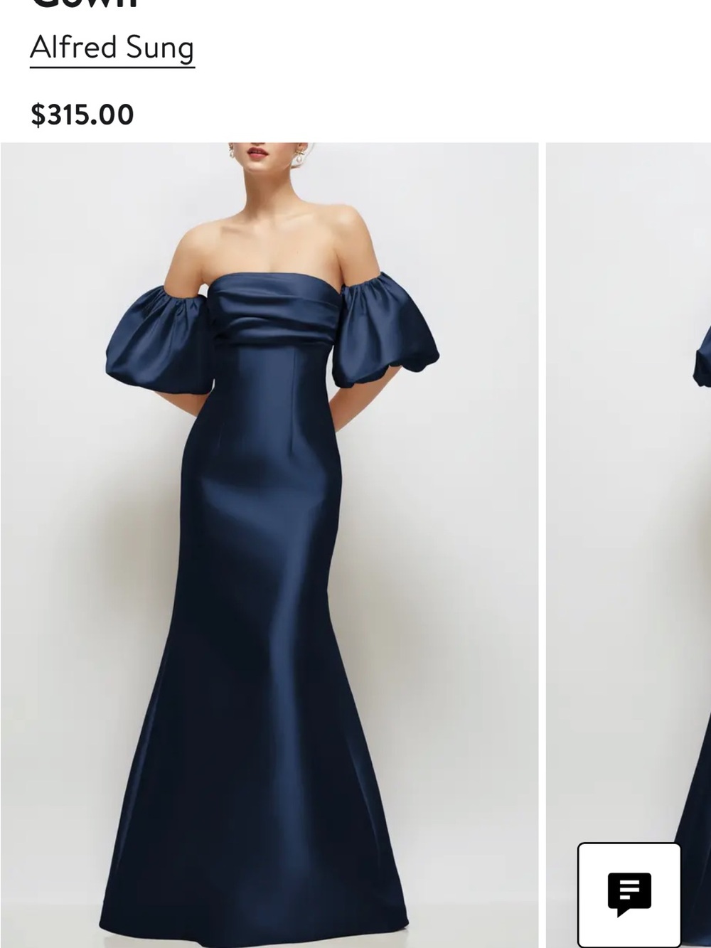 ALFRED SUNG Navy Strapless Mermaid Gown with Puff Sleeves